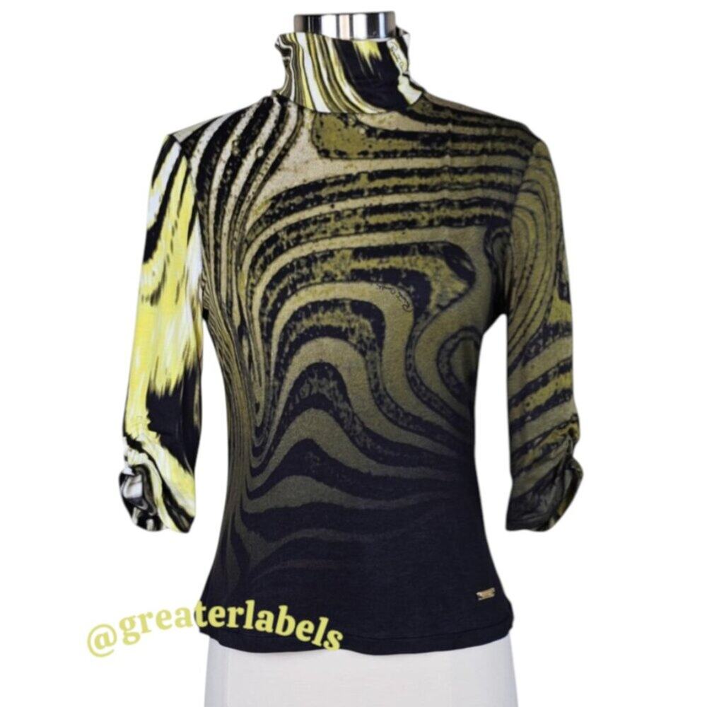 Vintage Roberto Cavalli Mock Neck Stretch Top Signed Print Green Black Size M
